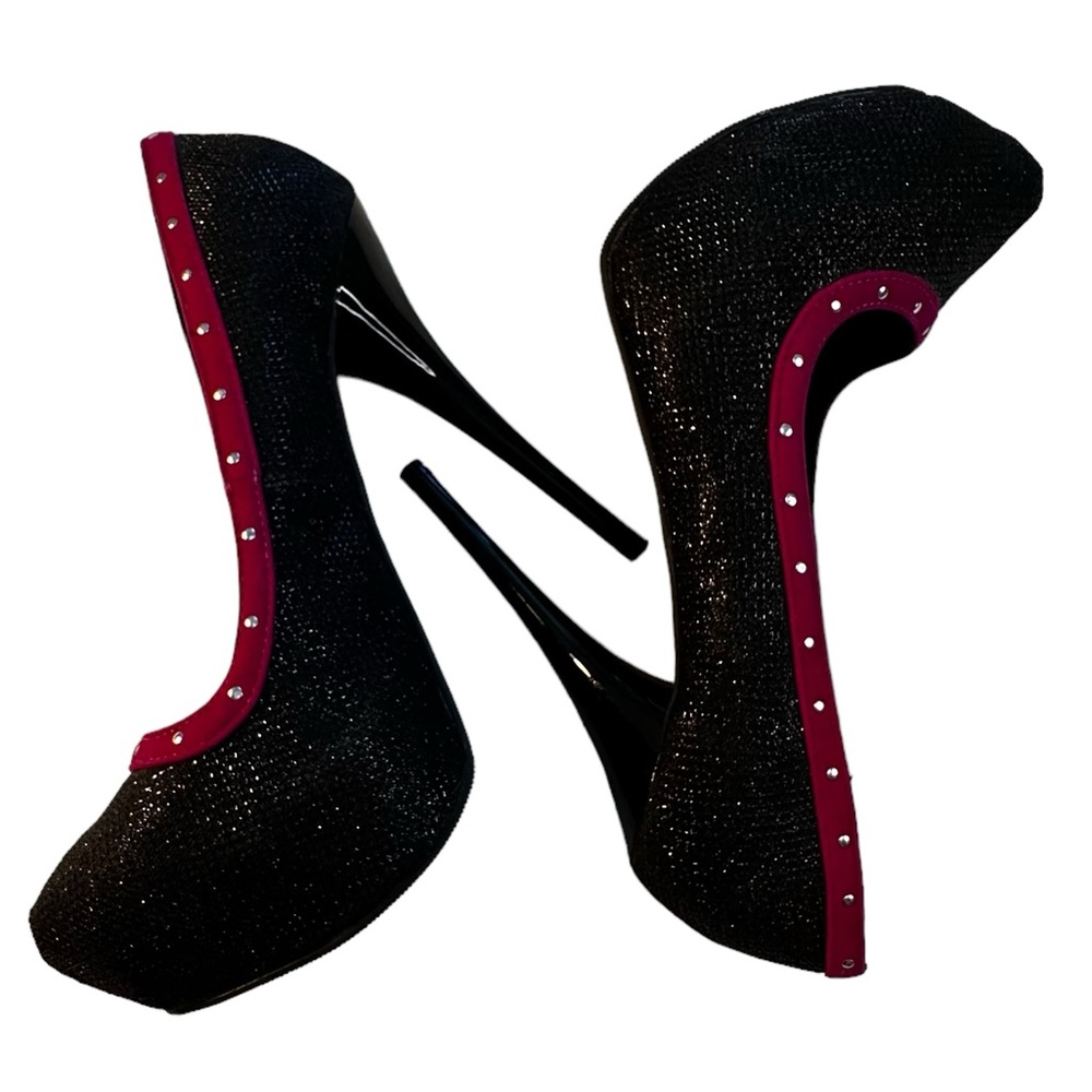 GORGEOUS CHARLOTTE RUSSE BRAND BLACK AND PINK SPARKLY STILETTO HEELS. SIZE 7.